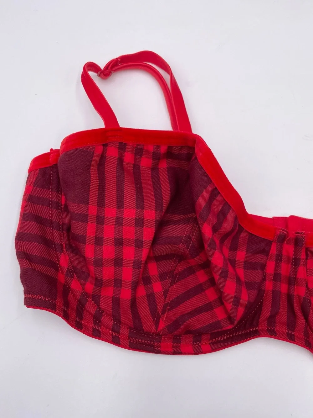 PINK Victoria's Secret Festive Flannel Unlined Balconette Bra Size 36D Red Plaid